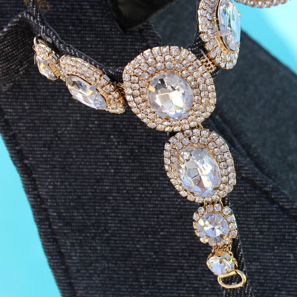 Jeweled Dark Black Denim Dressy Strap Bling Gold Accent Sandals Size 7/7.5/8/8.5 - Picture 2 of 12